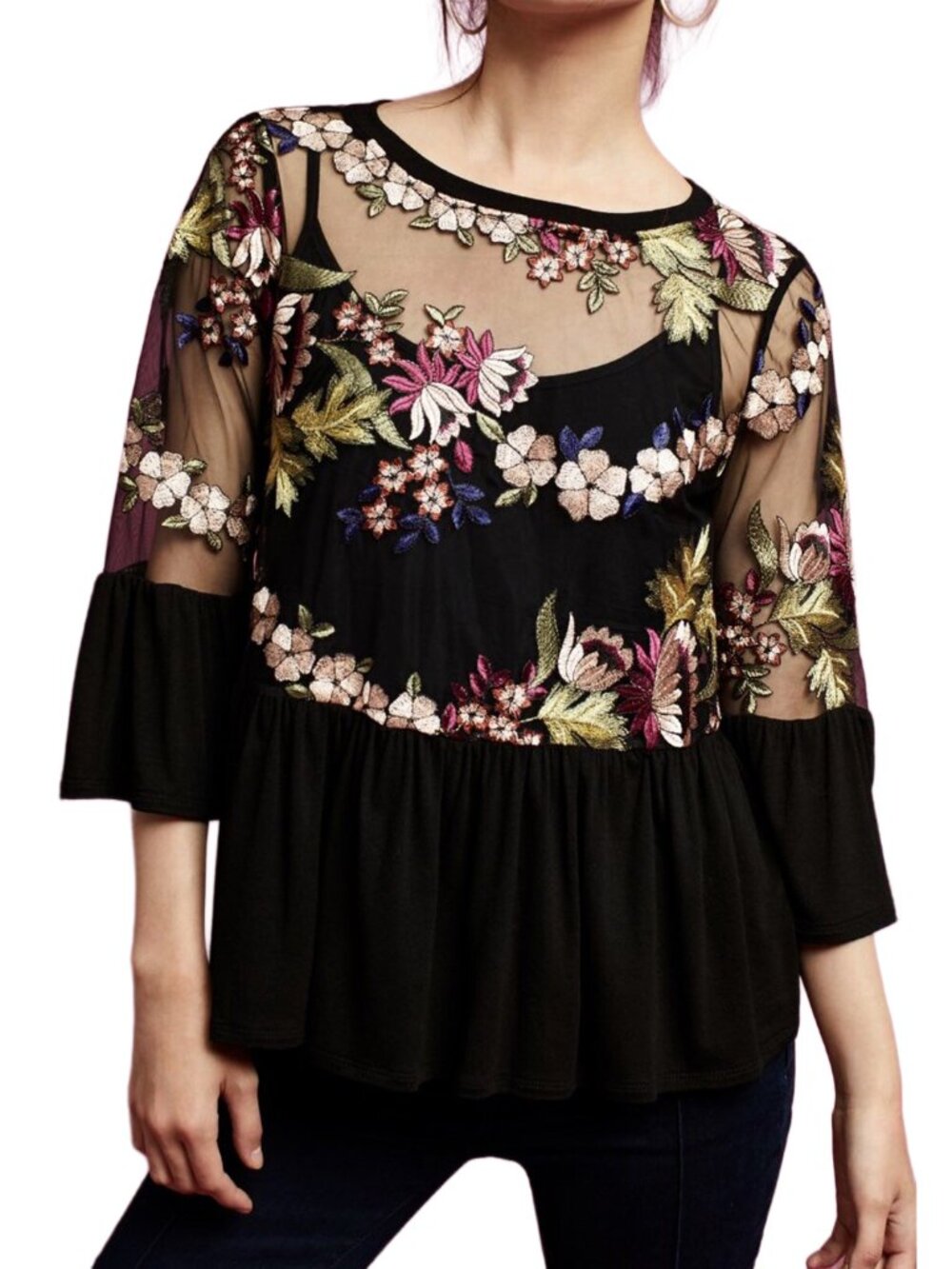 Anthropologie Eri + Ali Ornate Embroidery Peplum Top XS